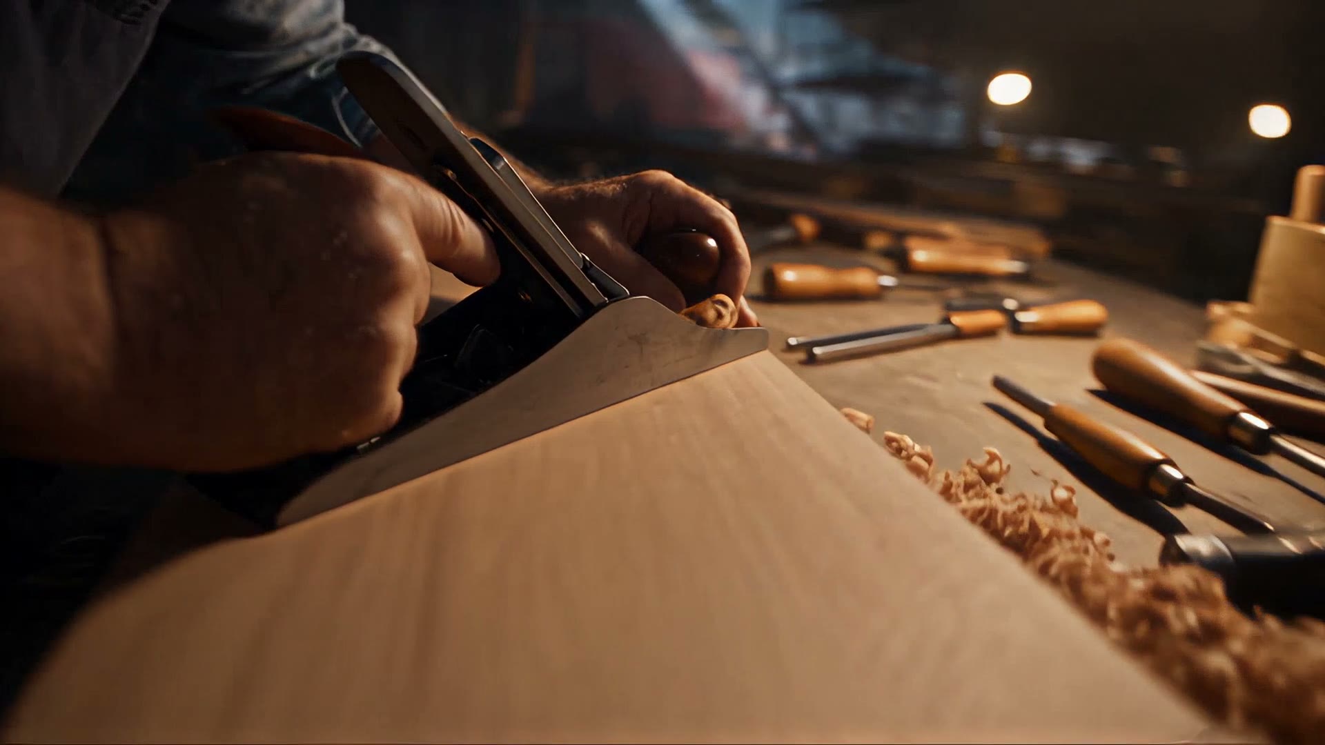 A joiner’s hands running a plane along a board, chisels laid out beside.