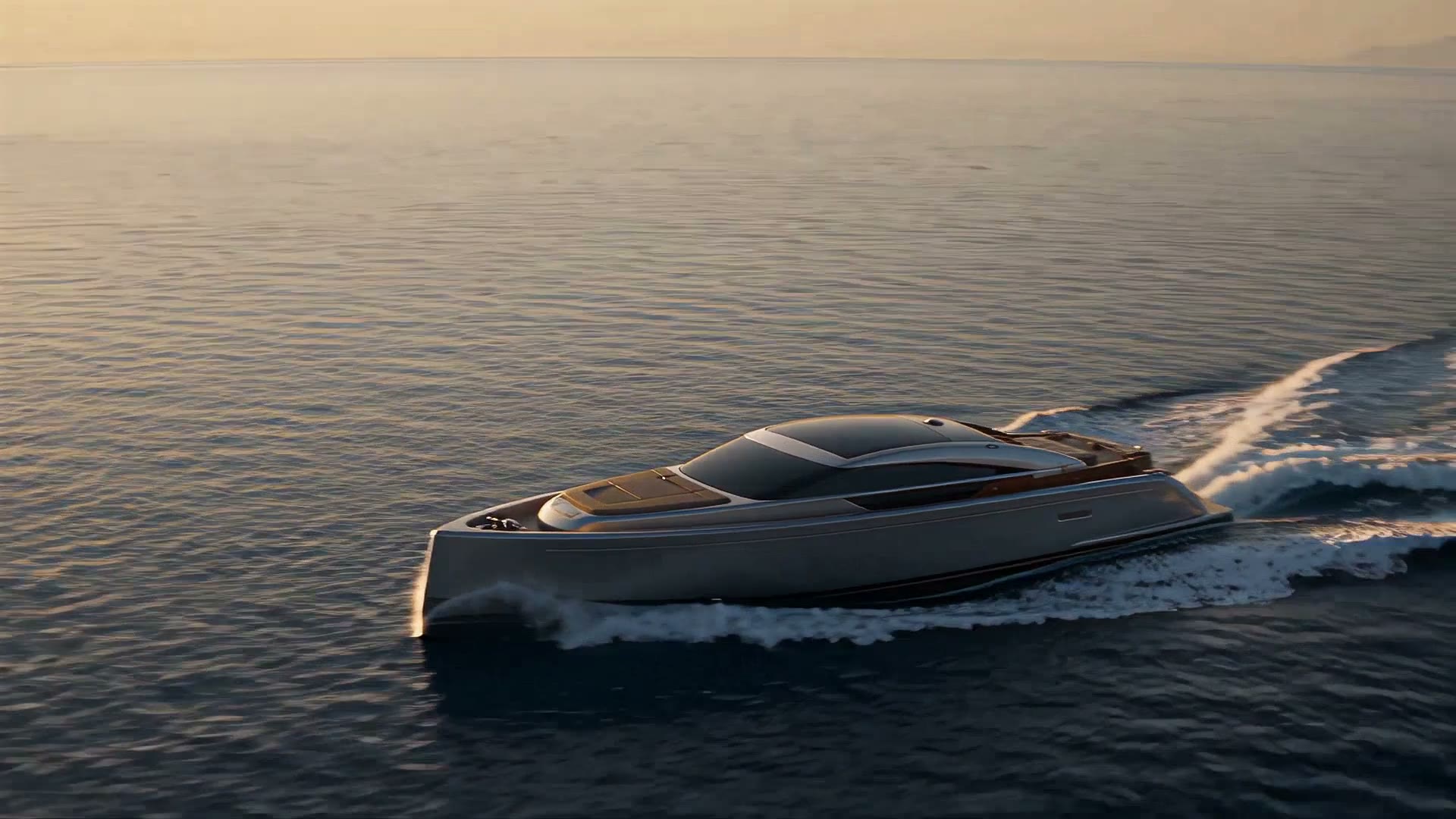 The yacht under way at sunset, a long wake behind her.